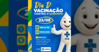 Campanha de vacinação contra o sarampo em Canarana com mascote do SUS. Créditos: Prefeitura de Canarana - MT.