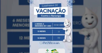 Cartaz da campanha de vacinação contra o sarampo em Nova Olímpia, com detalhes sobre doses e horários / Instagram