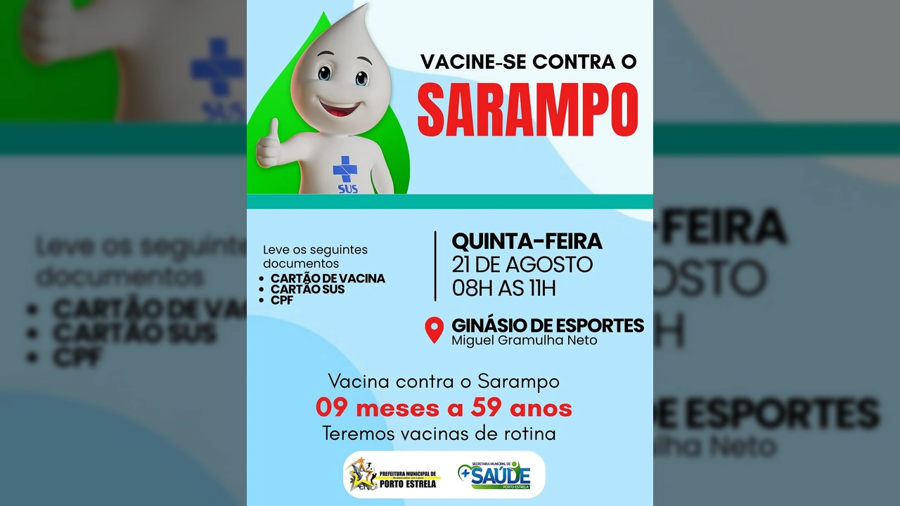 Imagem promocional da campanha de vacinação contra o sarampo, com personagem mascote do SUS. Créditos: Prefeitura de Porto Estrela-MT / Instagram.