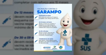 Imagem informativa sobre vacinação contra o sarampo para a população de São José dos Quatro Marcos, publicada pela Prefeitura.