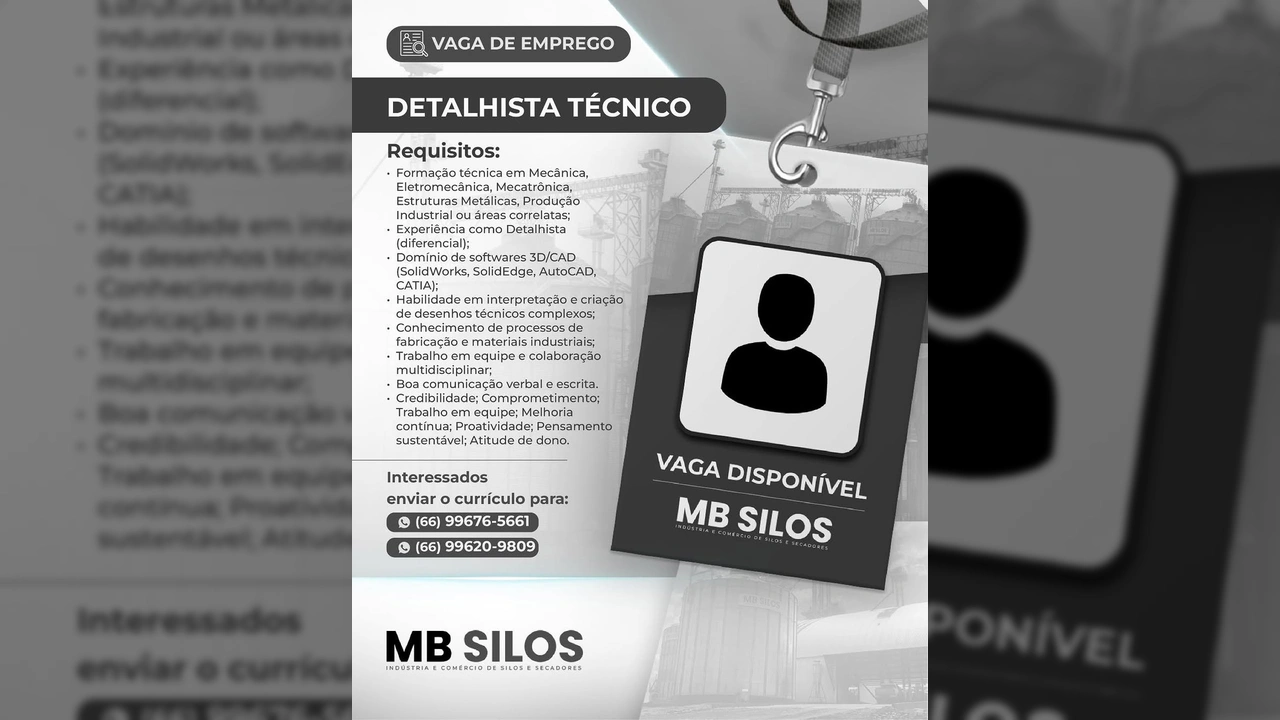 Anúncio de vaga para Detalhista Técnico na MB Silos, Sorriso-MT. Imagem do Instagram de MB Silos.
