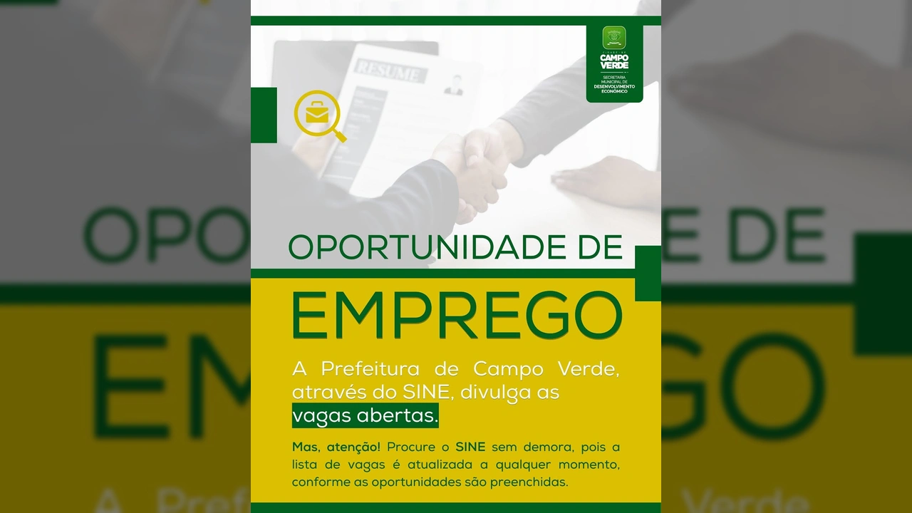 Lista de vagas de emprego em Campo Verde via SINE. Créditos: Secretaria de Desenvolvimento Econômico de Campo Verde / Instagram.