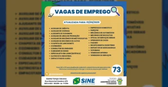 Lista de 73 vagas de emprego disponíveis no Sine Cáceres a partir de 1º de setembro de 2025, com créditos a Sine Cáceres / Instagram