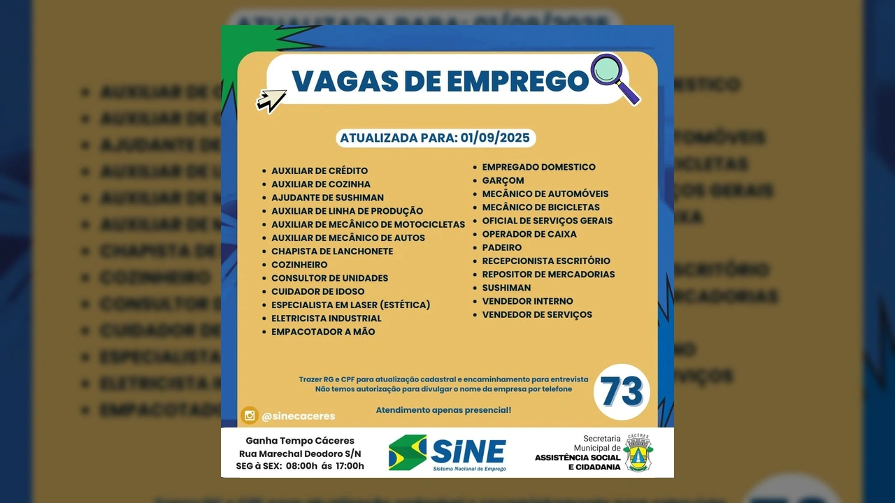 Lista de 73 vagas de emprego disponíveis no Sine Cáceres a partir de 1º de setembro de 2025, com créditos a Sine Cáceres / Instagram