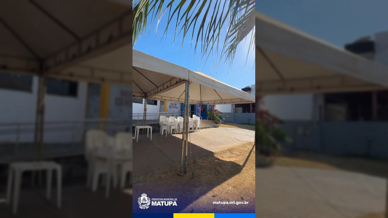 Imagem da Van Rosa, veículo de apoio à mulher, estacionada na UBS Central de Matupá, com pessoas em frente à tenda. Crédito: Prefeitura Municipal de Matupá / Instagram.
