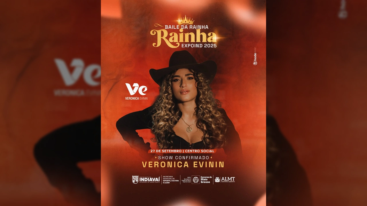 Cantora Verônica Evinin em destaque, com chapéu e cabelo cacheado, anunciando o Baile da Rainha da ExpoInd 2025. Créditos: Prefeitura Municipal de Indiavaí-MT / Instagram