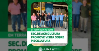 Grupo de homens em visita técnica a uma unidade de produção de piscicultura, mostrando a promoção da agricultura em Juína. Imagem: Prefeitura de Juína / Instagram