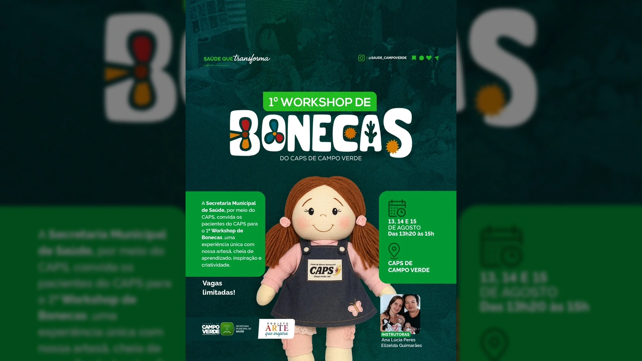 Boneca artesanal, símbolo do 1º Workshop de Bonecas promovido pela Secretaria de Saúde de Campo Verde via @saude_campoverde no Instagram.