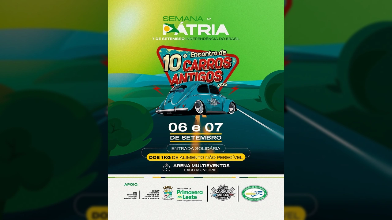 Imagem de um fusca azul rebaixado na estrada, indicando o 10º Encontro de Carros Antigos em Primavera do Leste. Crédito: Prefeitura de Primavera do Leste / Instagram.