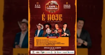 Imagem da programação da 28ª Expo Taquari em Alto Taquari, com fotos dos artistas Brenno Reis & Marco Viola e Jorge & Miguel, e detalhes do rodeio. Créditos: Prefeitura de Alto Taquari / Instagram