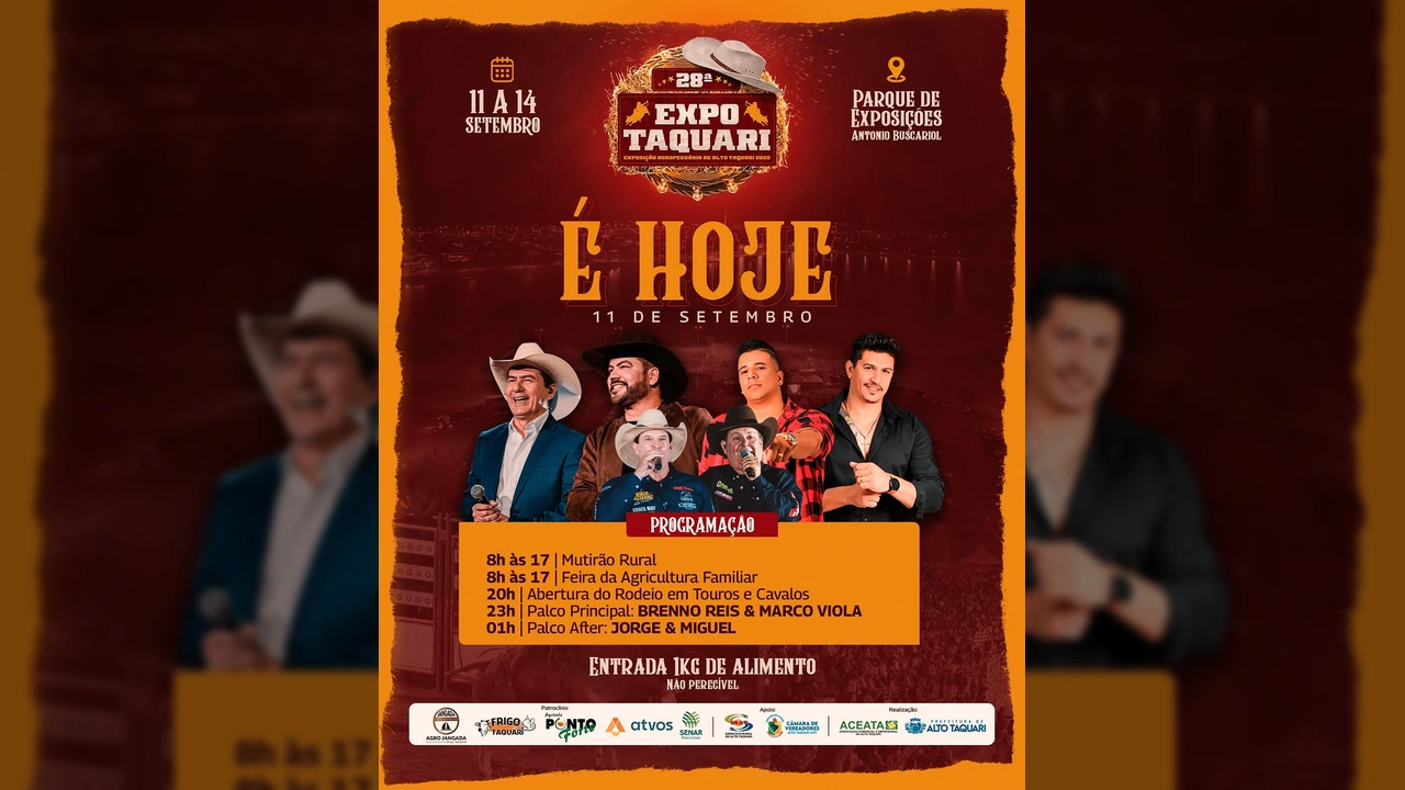 Imagem da programação da 28ª Expo Taquari em Alto Taquari, com fotos dos artistas Brenno Reis & Marco Viola e Jorge & Miguel, e detalhes do rodeio. Créditos: Prefeitura de Alto Taquari / Instagram