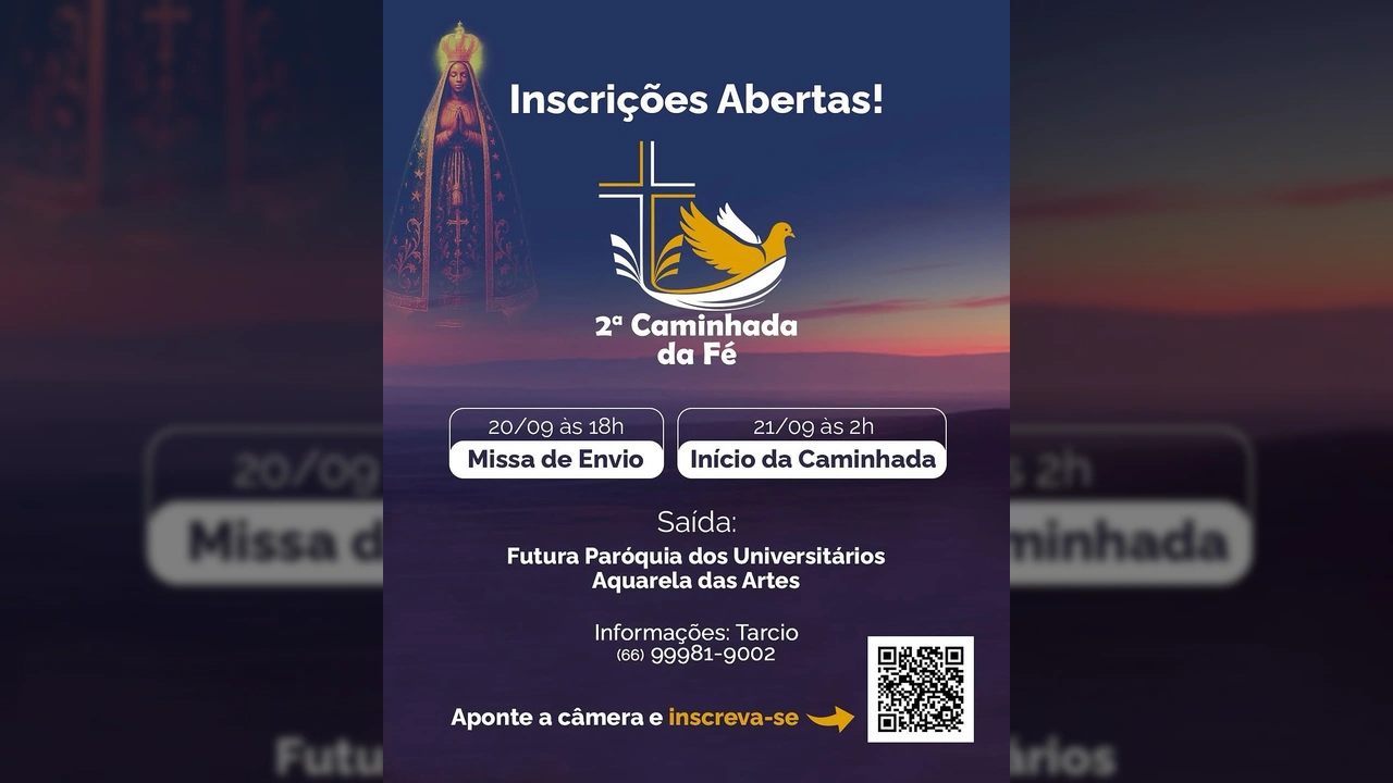 Imagem de Nossa Senhora e o logo da 2ª Caminhada da Fé, com informações sobre inscrições abertas em Sinop. Créditos: Caminhada da Fé Sinop / Instagram