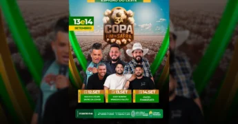 Cartaz da 3ª Copa Fim de Safra em Espigão do Leste, com imagens de jogadores, artistas e informações sobre premiações e datas. Créditos: Prefeitura de São Félix do Araguaia / Instagram.