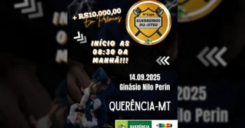 Dois atletas de Jiu-Jitsu em combate, com o logotipo da 4ª Copa Guerreiros de Jiu-Jitsu e informações do evento. Créditos: Prefeitura de Querência-MT / Instagram.