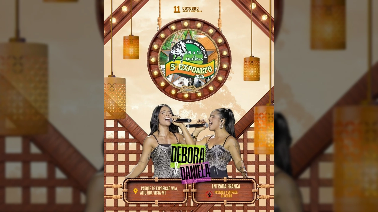 Imagem promocional da 5ª Expoalto em Alto Boa Vista, destacando a dupla Debora & Daniela. Créditos: Expoalto / Instagram