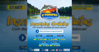 Imagem promocional do 5º FERUPEC em Canarana com peixe fisgado, barco e premiações. Créditos: Prefeitura de Canarana - MT / Instagram