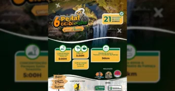 Ciclista em paisagem de cachoeira, divulgando o Pedal Cicloturístico em Tesouro, MT, com apoio da Prefeitura de Tesouro - MT.