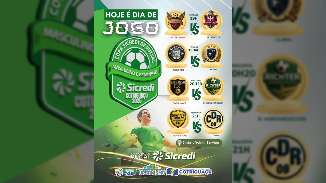 Poster oficial da Copa Sicredi de Futsal 2025 em Cotriguaçu, com destaque para os logos dos times participantes e o cronograma dos jogos. Crédito: Prefeitura Municipal de Cotriguaçu.