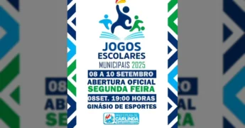 Imagem promocional dos Jogos Escolares Municipais 2025 em Carlinda, com o logo do evento e da Prefeitura de Carlinda. Créditos: Prefeitura Municipal de Carlinda / Instagram.