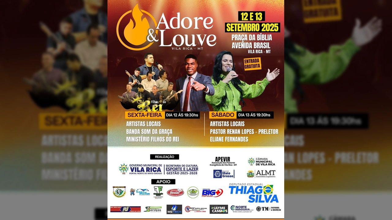 Imagem promocional do evento Adore & Louve 2025 em Vila Rica, com artistas e datas, via Governo de Vila Rica-MT / Instagram