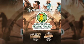 Mulheres em cavalos em uma cavalgada, com o logo da Agropecuária Pica-Pau Amarelo e datas dos eventos, foto de expovale_vsd.