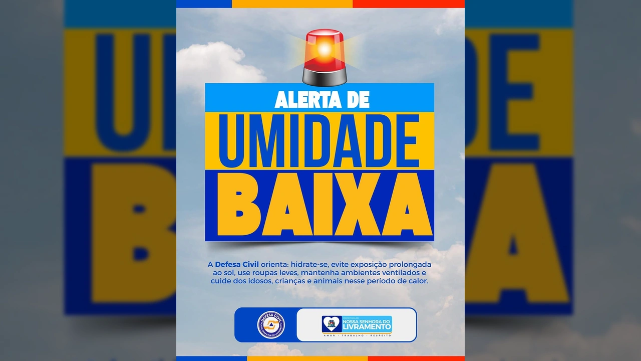 Imagem de alerta com sirene e texto sobre umidade baixa em Nossa Senhora do Livramento. Crédito: Prefeitura de Livramento / Instagram