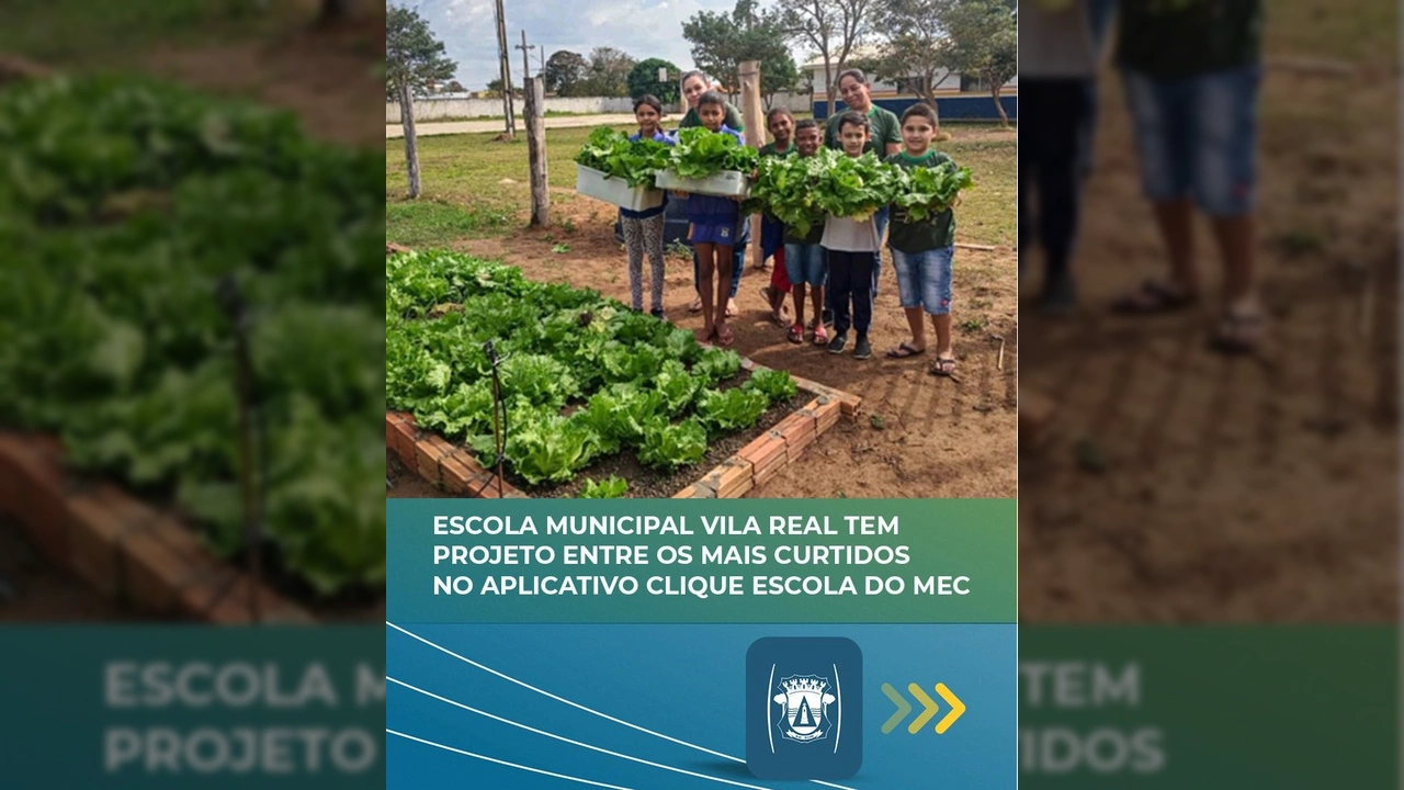 Grupo de crianças e adultos exibindo alfaces e verduras da horta da Escola Municipal Vila Real em Cáceres. Créditos: Prefeitura de Cáceres / Instagram.