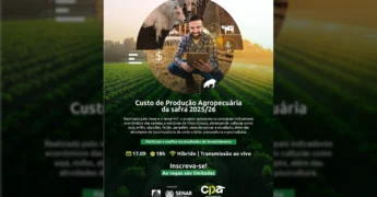 Homem sorridente olhando para um tablet em um ambiente que mescla tecnologia com imagens de gado e plantações, representando o agronegócio. Crédito: Imea / Instagram.