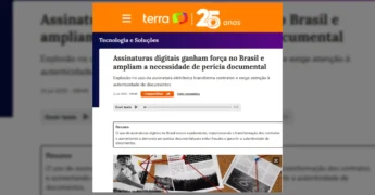 Imagem da reportagem do Terra destacando o aumento das assinaturas digitais e a necessidade de perícia documental no Brasil. Créditos: cursodeperitografotecnico / Instagram