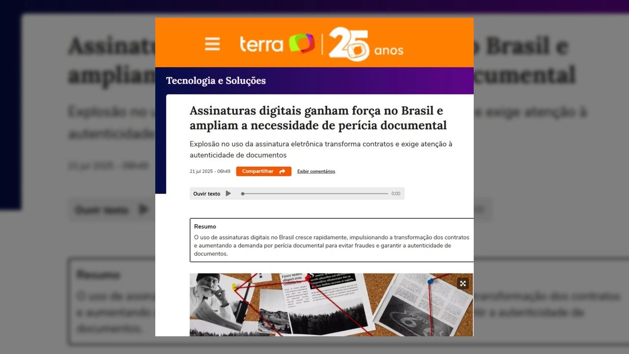 Imagem da reportagem do Terra destacando o aumento das assinaturas digitais e a necessidade de perícia documental no Brasil. Créditos: cursodeperitografotecnico / Instagram