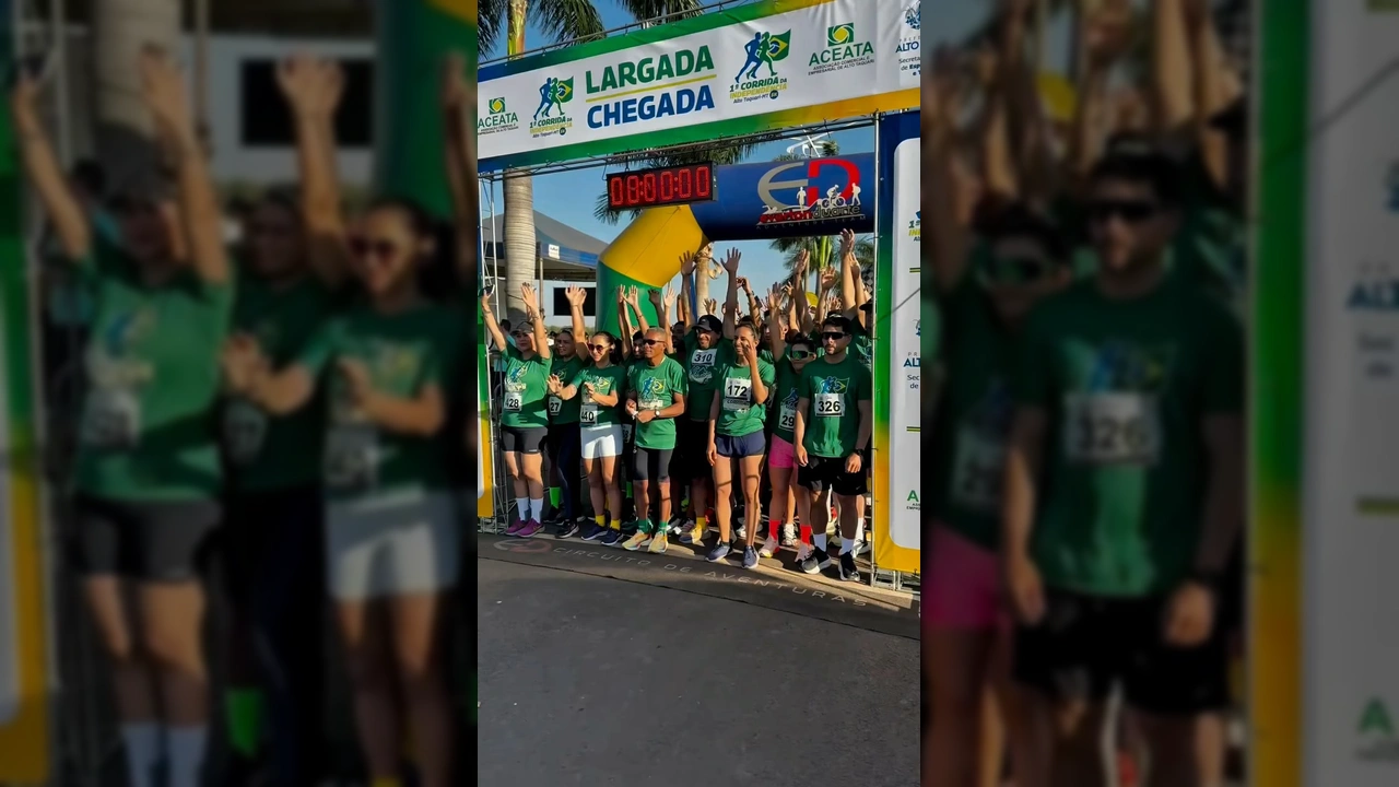 Corredores da 1ª Corrida da Independência em Alto Taquari, Mato Grosso, no Lago Municipal, com a linha de chegada ao fundo. Créditos: Prefeitura de Alto Taquari / Instagram.