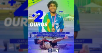 Davi, atleta de Mato Grosso, segurando medalha de ouro e a bandeira do estado, celebrando seu recorde mundial no salto triplo nos Jogos da Juventude em Brasília. Créditos: secelmt / Instagram
