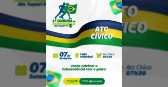 Banner divulgando o Ato Cívico e a 1ª Corrida da Independência 5K em Alto Taquari, Mato Grosso, no dia 7 de setembro. Créditos: Prefeitura de Alto Taquari / Instagram