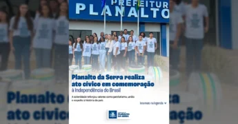 Grupo de estudantes tocando instrumentos de percussão em um ato cívico em Planalto da Serra, MT, para celebrar a Independência do Brasil. Créditos: Planalto Da Serra / Instagram.