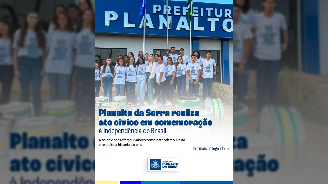 Grupo de estudantes tocando instrumentos de percussão em um ato cívico em Planalto da Serra, MT, para celebrar a Independência do Brasil. Créditos: Planalto Da Serra / Instagram.
