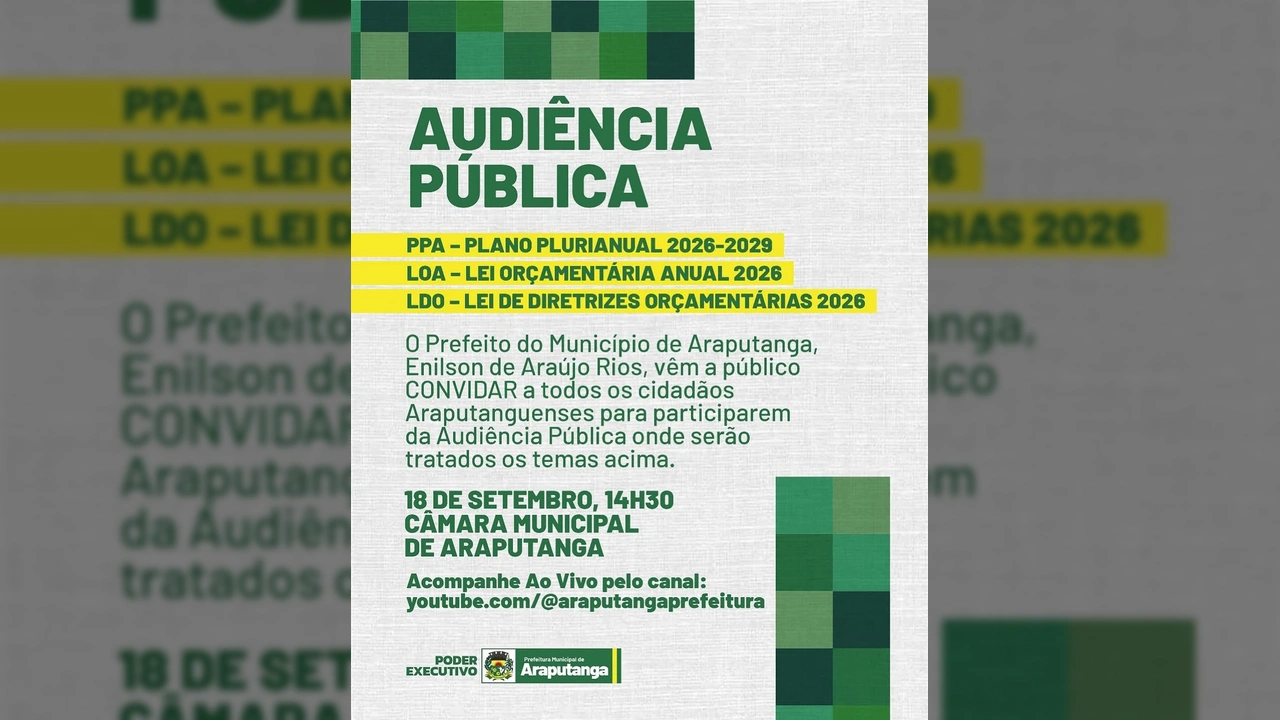 Cartaz da Audiência Pública da Prefeitura de Araputanga com datas e temas de orçamento público para 2026-2029 / Instagram