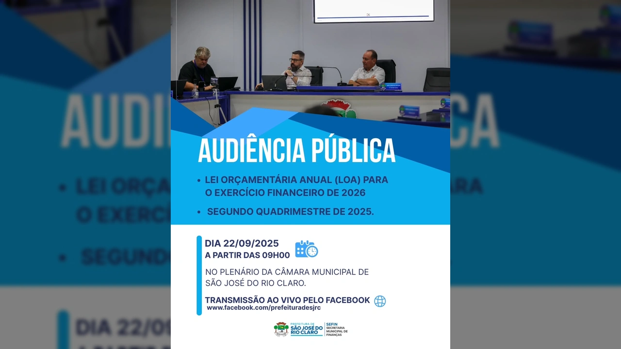 Foto de três homens sentados à mesa de uma plenária, com um deles falando ao microfone, durante Audiência Pública. Créditos: financas.saojose / Instagram