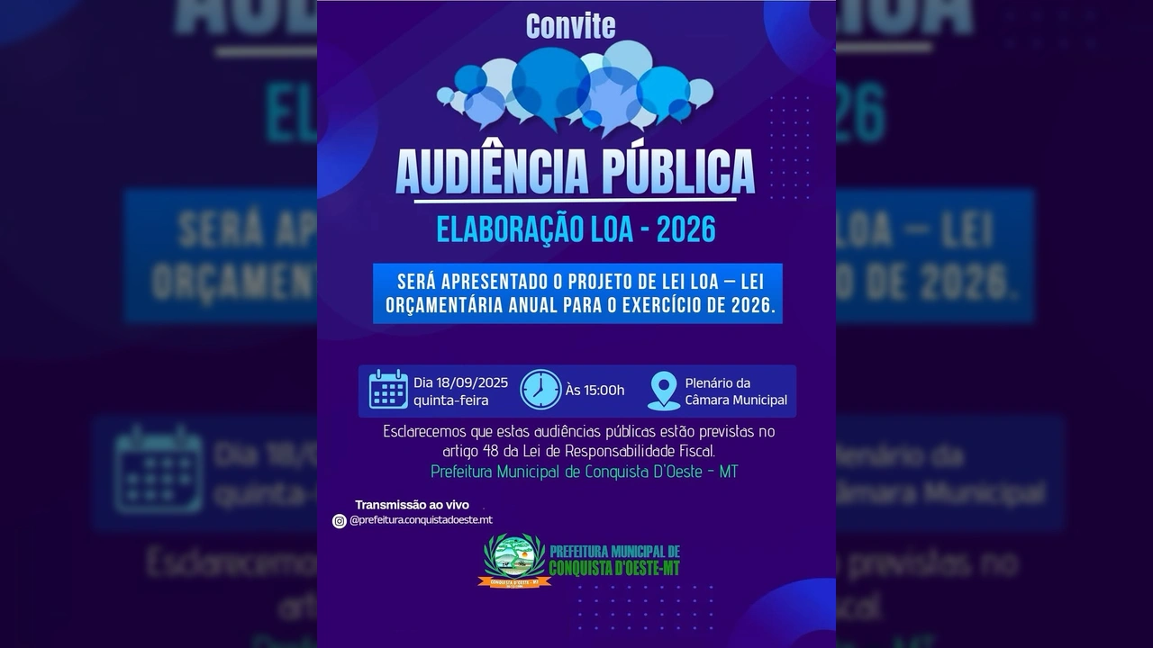 Convite para Audiência Pública da LOA 2026 em Conquista D'Oeste, com detalhes de data, hora e local, crédito Prefeitura de Conquista D'Oeste / Instagram