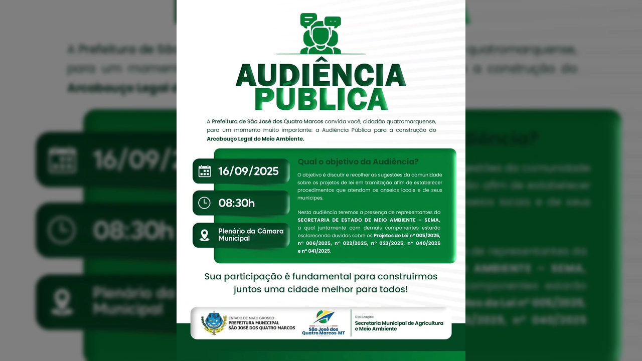 Imagem ilustrativa de uma audiência pública para discutir legislação ambiental na cidade de São José dos Quatro Marcos, com créditos à Prefeitura de São José dos Quatro Marcos / Instagram.