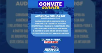 Imagem da convocação para Audiência Pública do RGF em Arenápolis, realizada pela Prefeitura Municipal de Arenápolis.