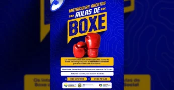 Imagem promocional da Prefeitura de Novo Horizonte do Norte - MT anunciando aulas gratuitas de Boxe, com luvas vermelhas e megafone