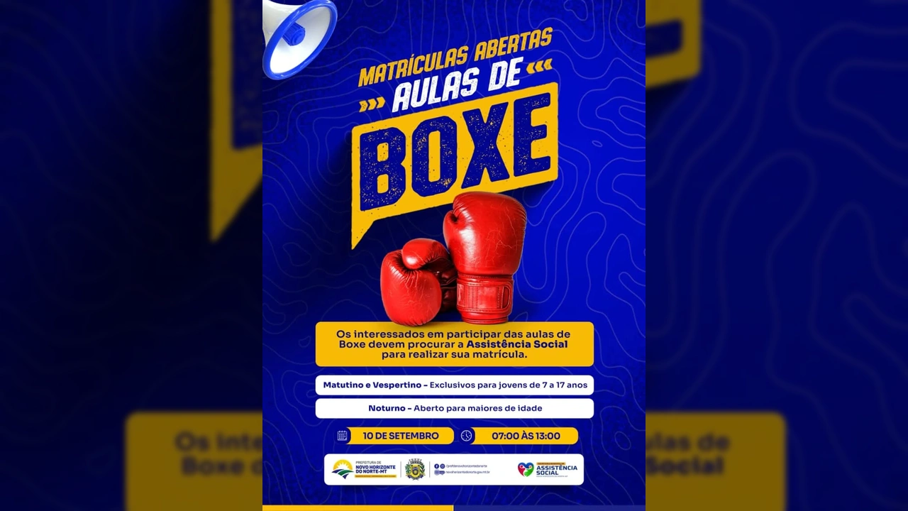 Imagem promocional da Prefeitura de Novo Horizonte do Norte - MT anunciando aulas gratuitas de Boxe, com luvas vermelhas e megafone