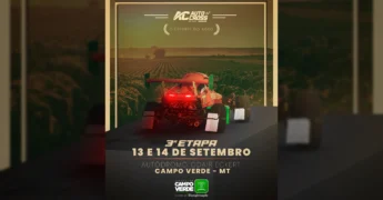 Carro de corrida de autocross vermelho em pista, com plantações ao fundo, anunciando evento em Campo Verde, MT. Créditos: Prefeitura de Campo Verde / Instagram.