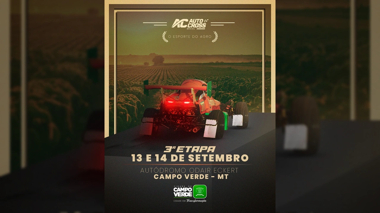Carro de corrida de autocross vermelho em pista, com plantações ao fundo, anunciando evento em Campo Verde, MT. Créditos: Prefeitura de Campo Verde / Instagram.