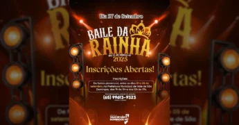 Cartaz do Baile da Rainha 2025 com destaque para a coroa e luzes de palco, por 10ª EXPOVALE.