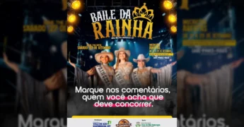Imagem de divulgação do Baile da Rainha da 10ª Expovale 2025, com mulheres usando faixas de realeza e chapéus de rodeio, em Vale de São Domingos. Créditos: expovale_vsd / Instagram