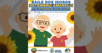 Ilustração de um casal de idosos sorrindo, usando fitas amarelas, em evento do Setembro Amarelo em Guarantã do Norte. Créditos: Prefeitura Municipal / Instagram.