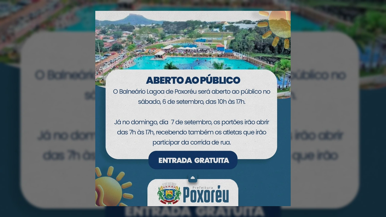 Vista aérea do Balneário Lagoa de Poxoréu, Mato Grosso, com piscinas cheias e pessoas, anúncio de reabertura divulgado por balneariolagoapox.