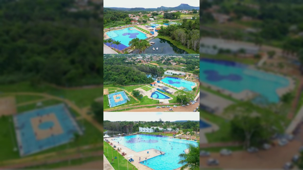 Imagem aérea do Balneário Lagoa em Poxoréu, Mato Grosso, mostrando piscinas, áreas verdes e quadras poliesportivas. Créditos: balneariolagoapox / Instagram