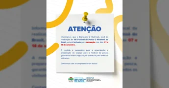 Imagem de aviso da Prefeitura de São José do Rio Claro sobre a restrição de acesso ao Balneário O Matrinxã para o 18º Festival de Pesca O Matrinxã do Brasil. Créditos: Prefeitura de São José do Rio Claro / Instagram